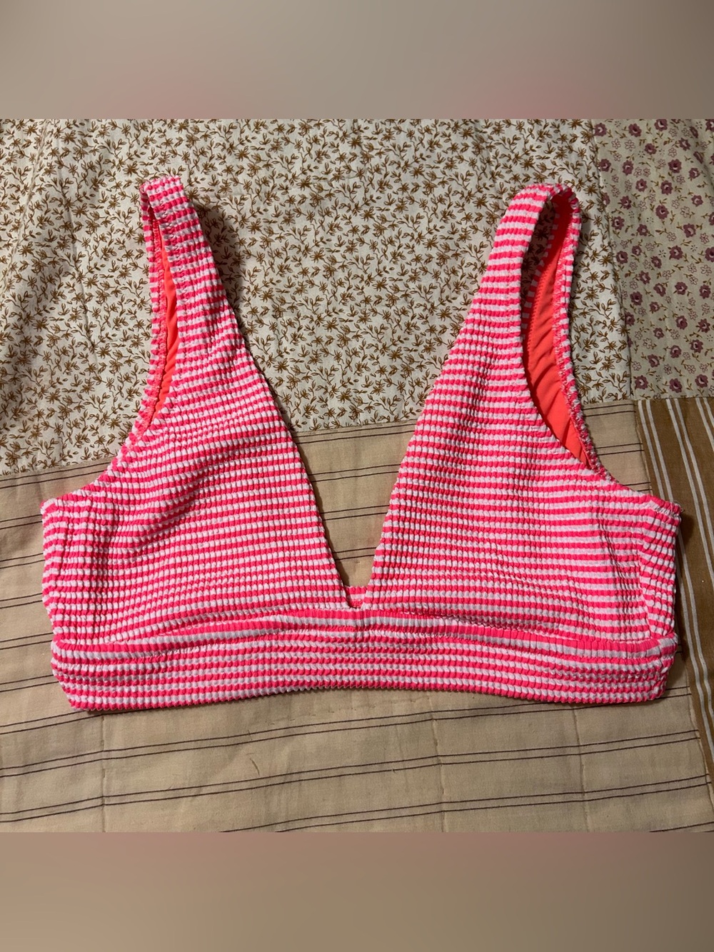 Aerie XL triangle ribbed neon pink striped bikini top
